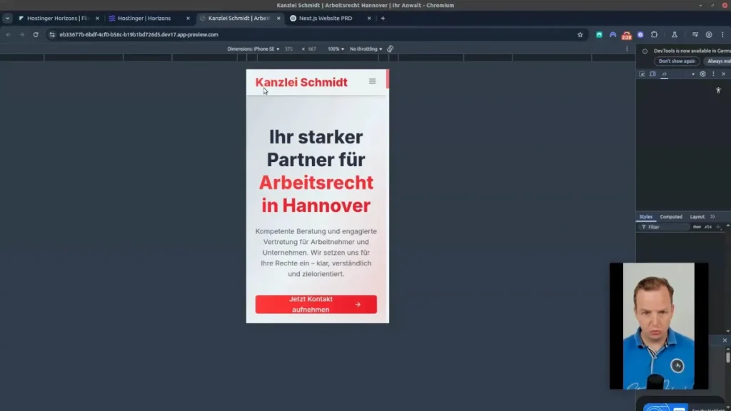 Mobile Ansicht des Website Entwurfs