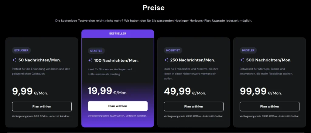 Preisgestaltung - Hostinger Horizons