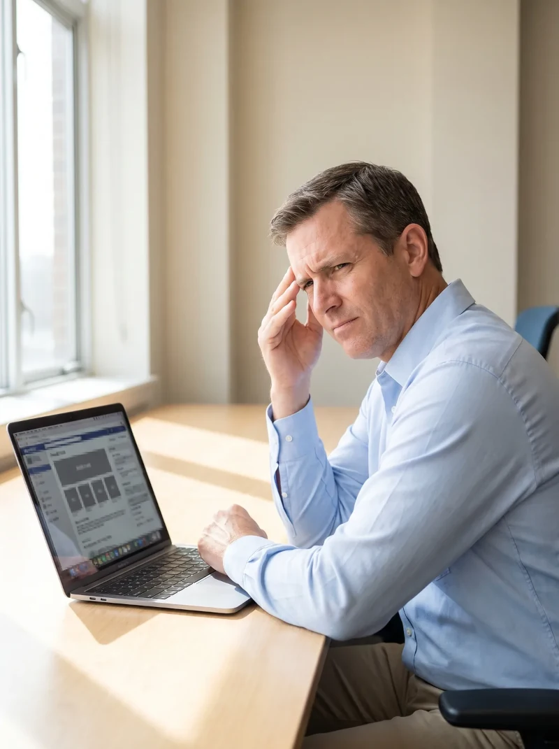 Frustrierter Unternehmer vor veralteter Website