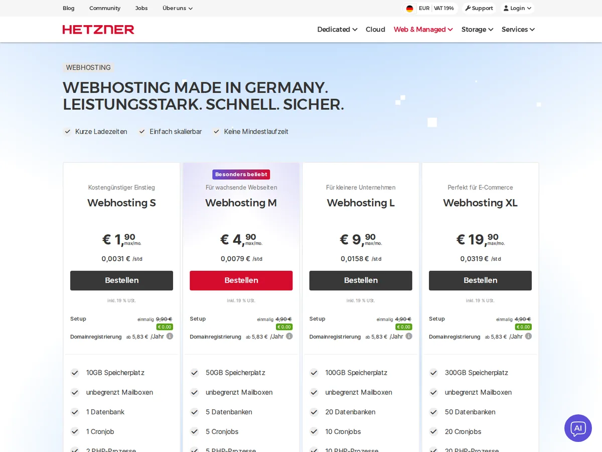 Hetzner Webhosting Tarife von S bis XL (Screenshot Juli 2026)