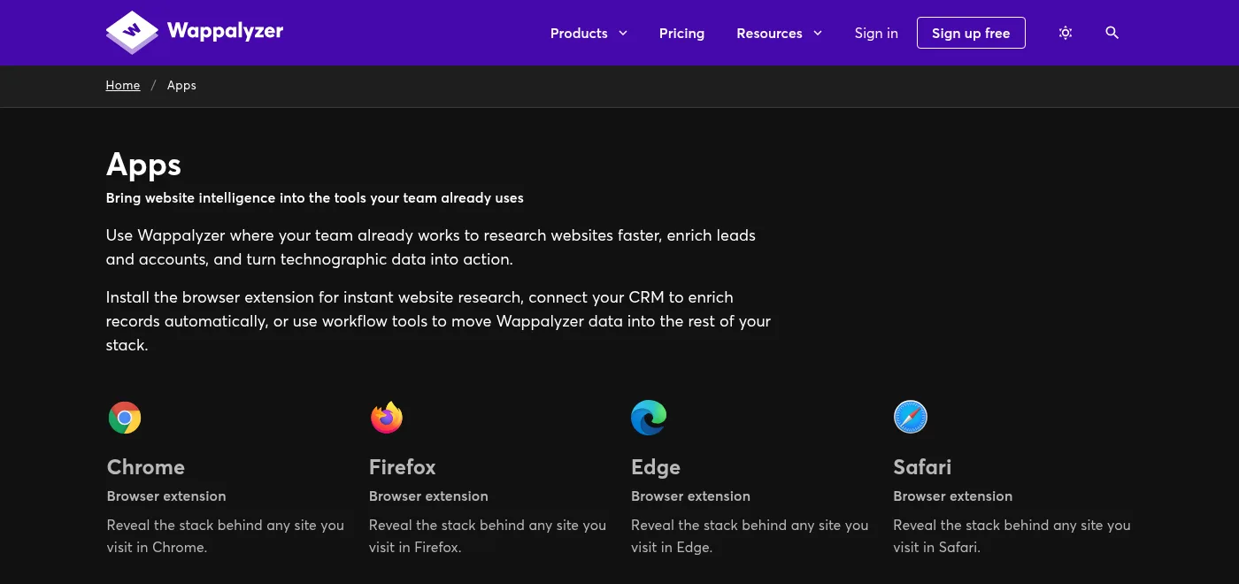 Wappalyzer Browser-Erweiterung für Chrome, Firefox, Edge und Safari