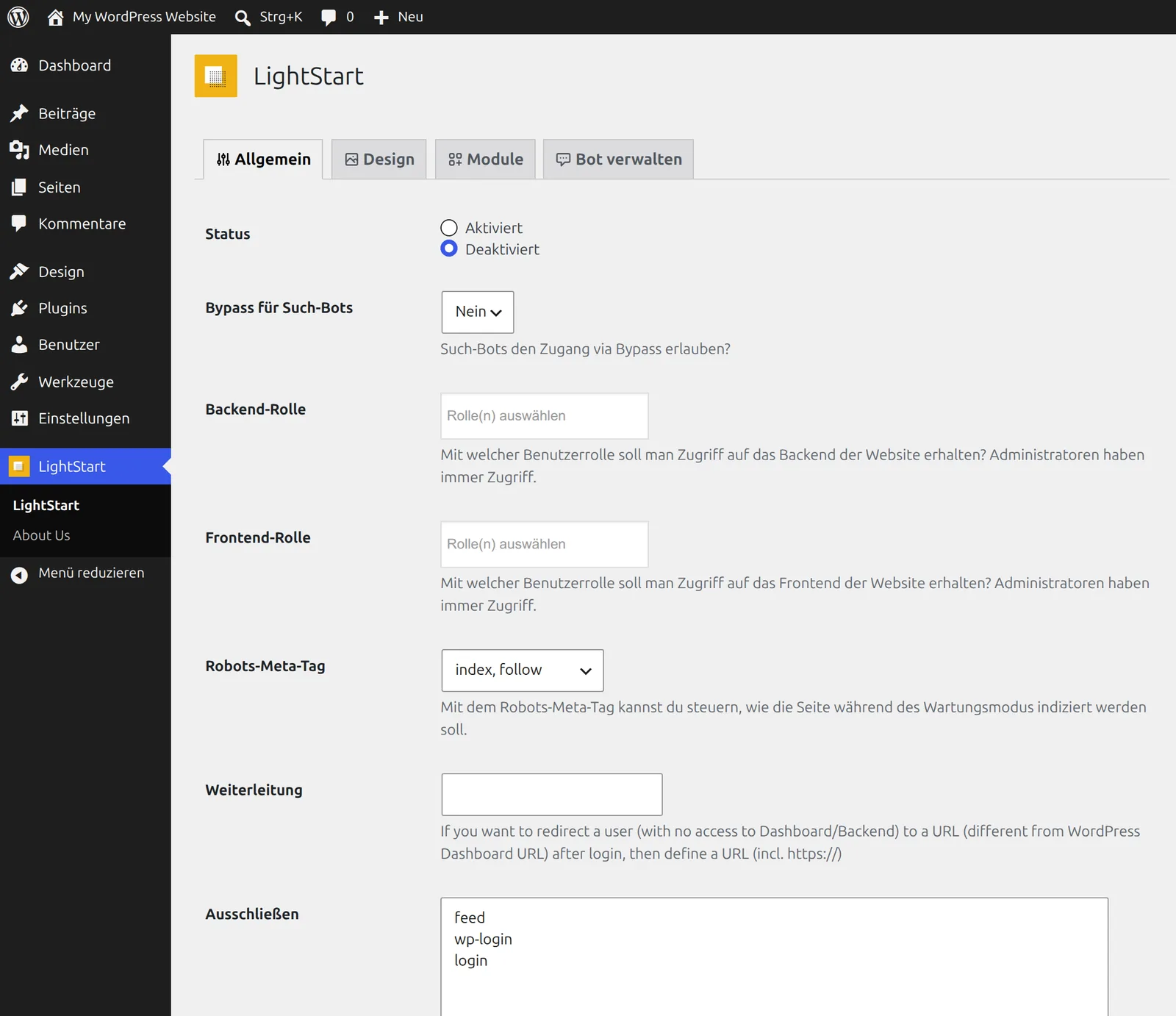 WordPress Wartungsmodus aktivieren: Status-Option in den LightStart-Einstellungen