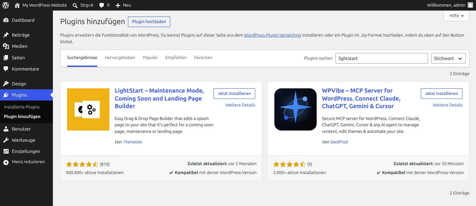 Das Plugin LightStart über die WordPress Plugin-Suche installieren