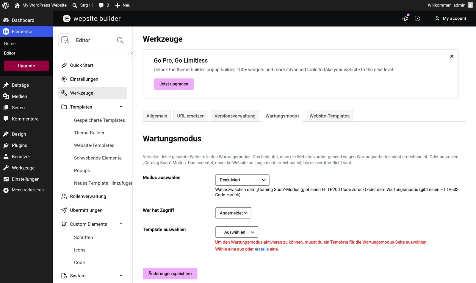 WordPress Wartungsmodus mit Elementor aktivieren: Werkzeuge, Reiter Wartungsmodus