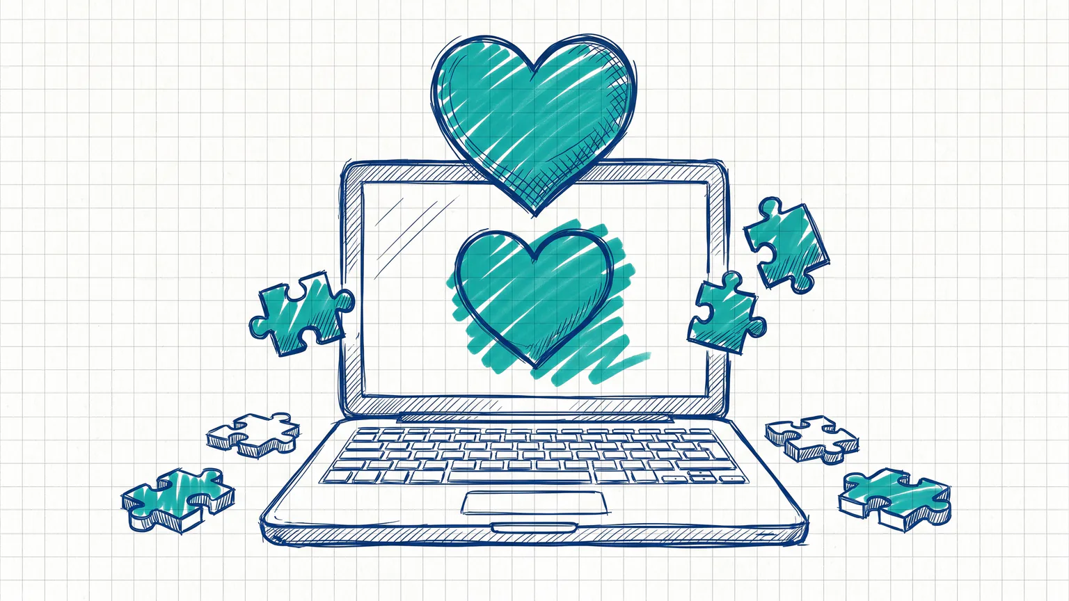 Illustration zum Thema 5 Gründe, warum WordPress ideal für das Erstellen einer Webseite ist: Laptop mit Herz und Puzzleteilen