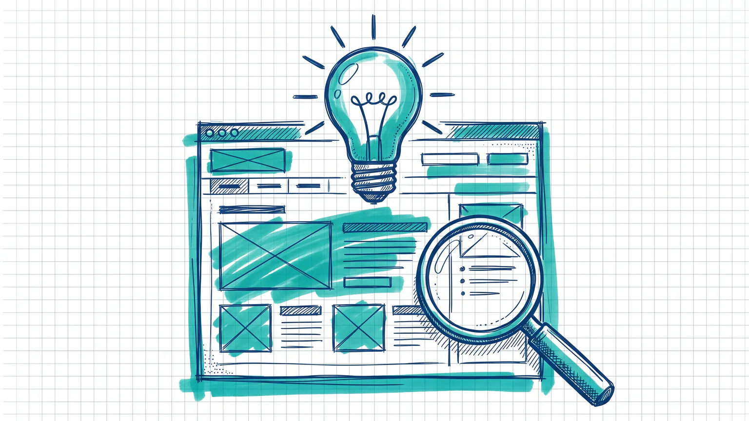 Illustration zum Thema 5 einfache Tipps zur SEO Optimierung, damit die Website besser gefunden wird: Leuchtende Glühbirne über Webseiten-Wireframe mit Lupe