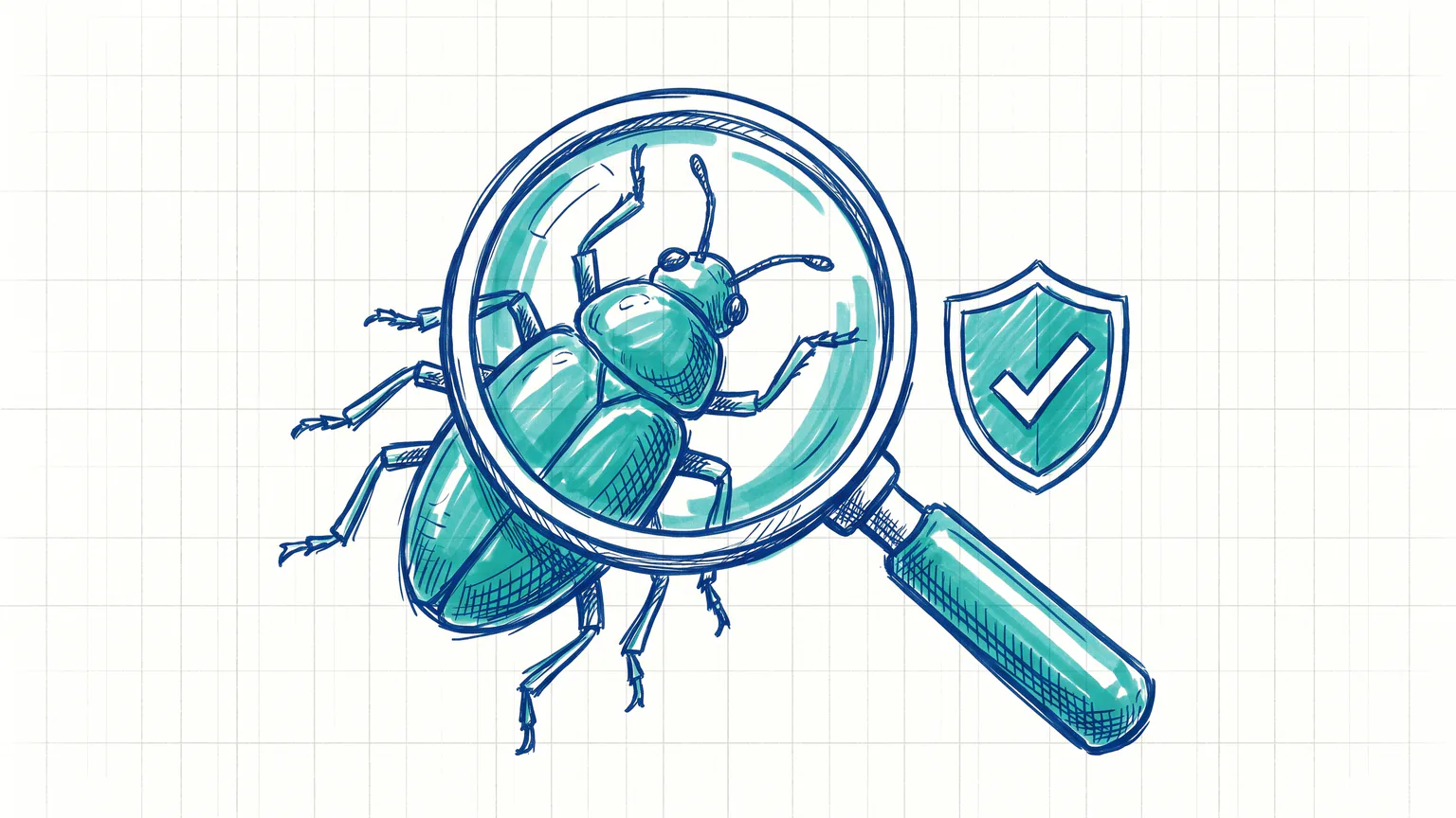Illustration zum Thema 7 Tipps zur Vermeidung von Malware auf deiner WordPress Webseite: Käfer unter großer Lupe mit Schutzschild