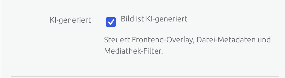 Ausschnitt der Anhang-Details in der WordPress-Mediathek mit der aktivierten Checkbox „Bild ist KI-generiert“.