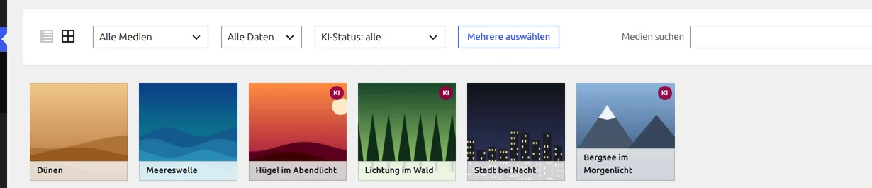 Ausschnitt der Mediathek mit dem Filter „KI-Status: alle“ und Bildkacheln, von denen drei ein KI-Badge tragen.