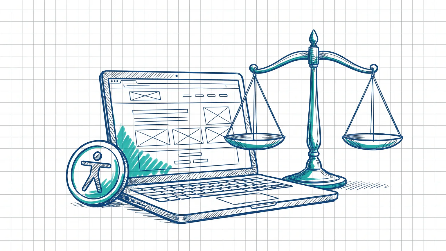 Illustration zum Thema barrierefreie Website nach BFSG: Laptop mit Website-Wireframe neben einer Waage der Justiz und einem Kreis-Symbol für Barrierefreiheit