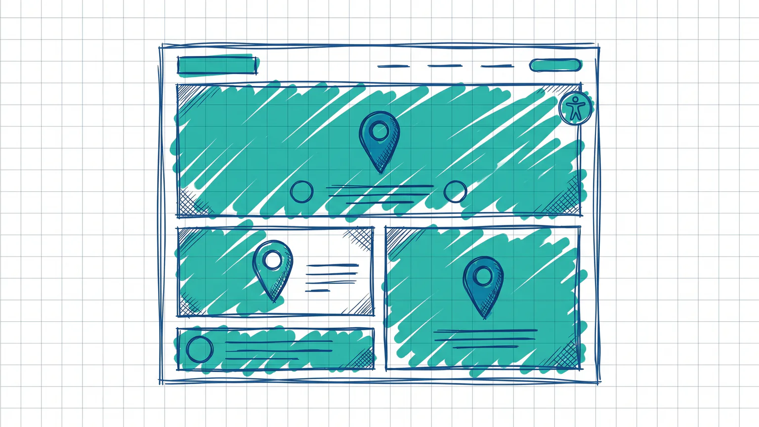 Illustration zum Thema Barrierefreies Webdesign: Webseiten-Wireframe mit Markierungs-Pins in den einzelnen Bereichen