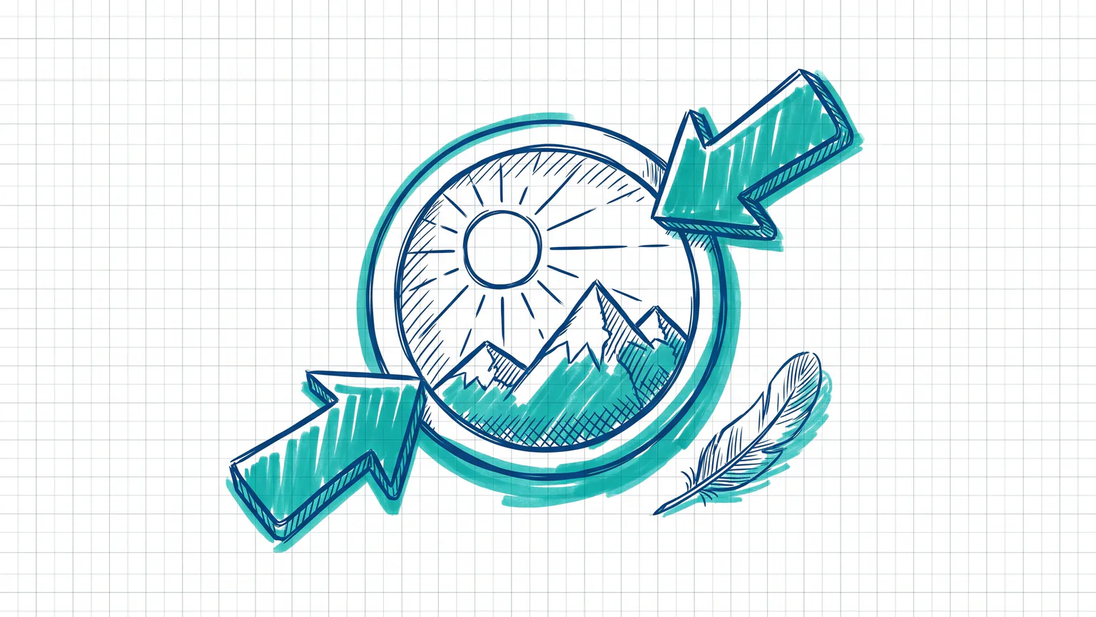 Illustration zum Thema Bilder für Webseite optimieren: Bildsymbol mit Bergen und Sonne, von zwei Pfeilen komprimiert, daneben eine Feder
