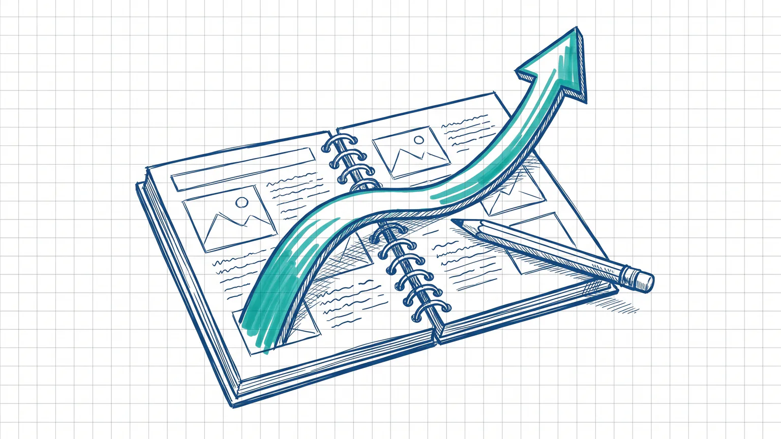 Illustration zum Thema Warum Blogbeiträge ein wichtiger SEO-Bestandteil sind: Notizbuch mit Blog-Layout, Stift und aufsteigendem Wachstumspfeil