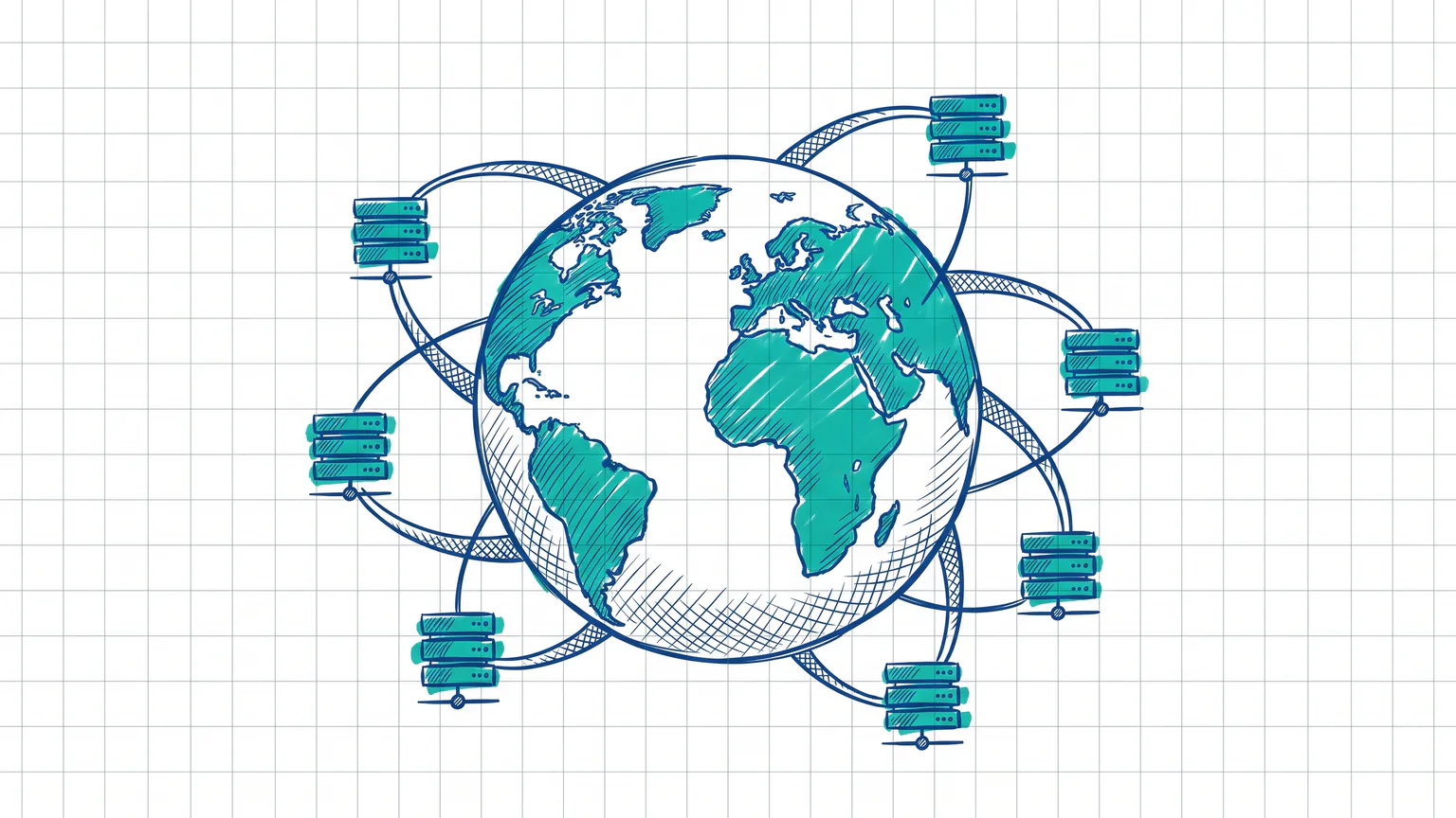 Illustration zum Thema Was ist ein CDN? Content Delivery Network einfach erklärt: Weltkugel mit verbundenen Server-Knoten