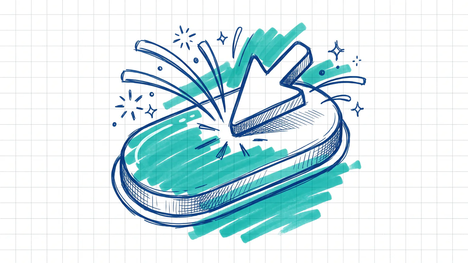 Illustration zum Thema Elementor Button animieren: Großer Button mit klickendem Mauszeiger und Bewegungslinien