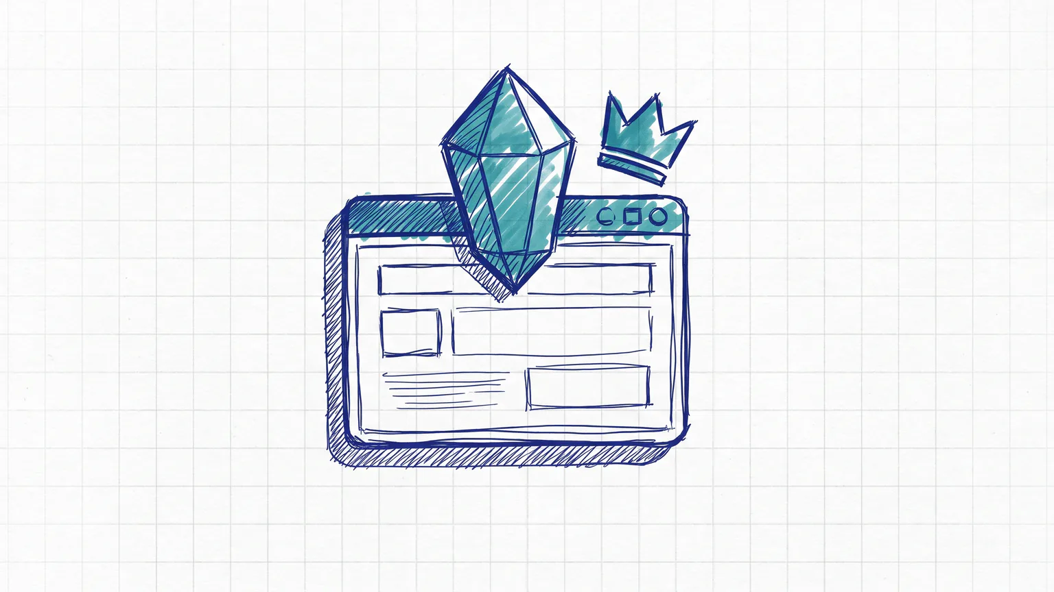 Illustration zum Thema Elementor Pro: Browserfenster mit Edelstein und Krone