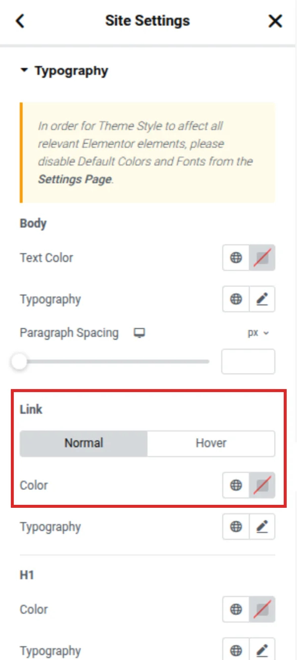 Elementor Website-Einstellungen: Typografie mit der Sektion Link und den Tabs Normal und Hover