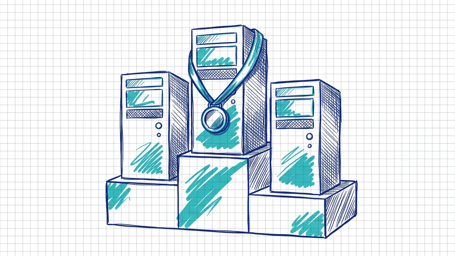 Illustration zum Thema WordPress Hosting: Drei Servertürme auf einem Siegerpodest, der mittlere mit Medaille
