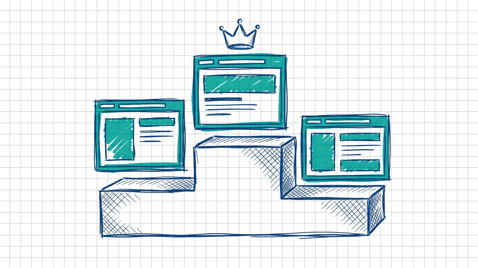 Illustration zum Thema WordPress Theme Empfehlung: Drei Browserfenster auf einem Siegerpodest, das erste mit Krone