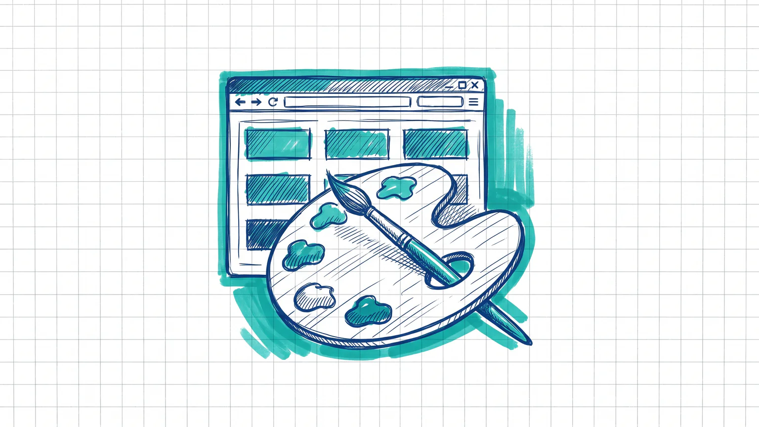 Illustration zum Thema Farbwirkung im Webdesign: Malerpalette mit Pinsel vor Browserfenster mit Farbfeldern