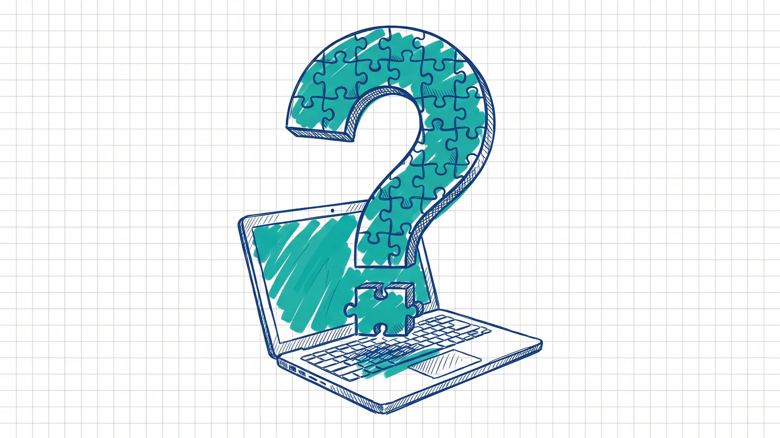 Illustration zum Thema Die 10 häufigsten Fragen zur Erstellung einer Website mit WordPress: Großes Fragezeichen aus Puzzleteilen über einem Laptop