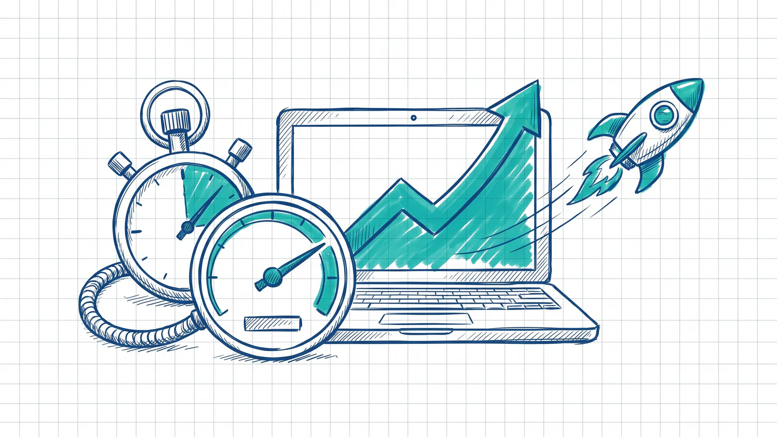 Illustration zum Thema Google Core Web Vitals: Stoppuhr, Tachometer und Rakete neben Laptop mit steigender Kurve
