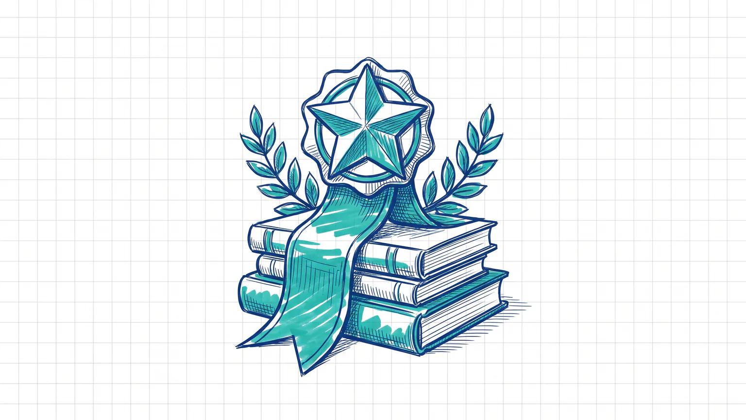 Illustration zum Thema Google E-E-A-T: Auszeichnungs-Abzeichen mit Stern und Lorbeer auf einem Bücherstapel