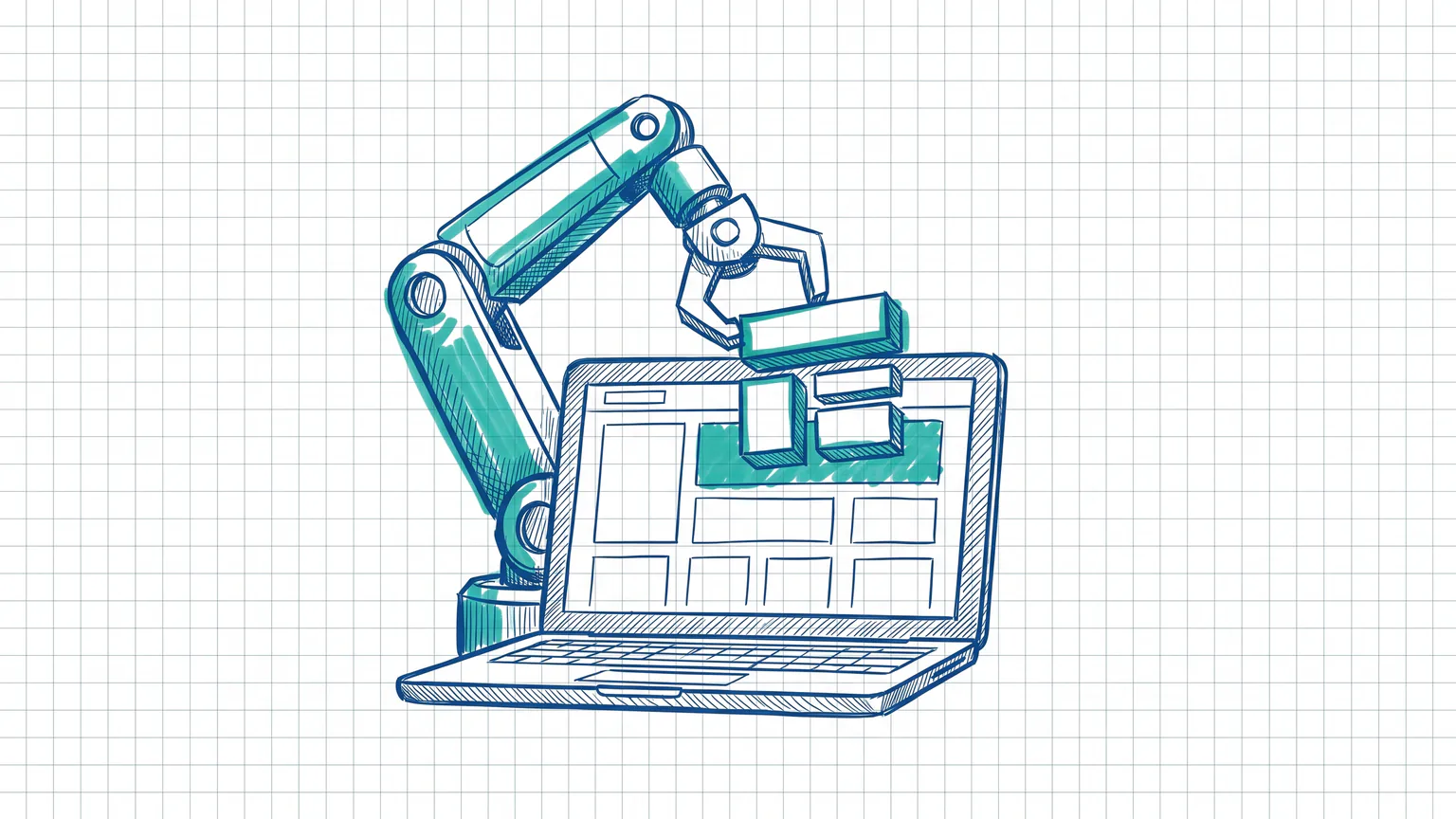 Illustration zum Thema Website von KI erstellen lassen: Roboterarm setzt Layout-Blöcke auf einen Laptop-Bildschirm