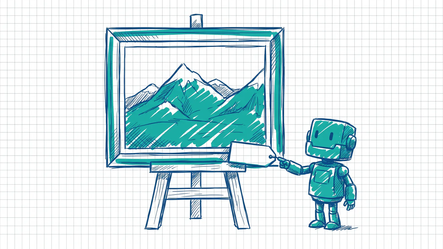 Illustration zum Thema KI-Bilder kennzeichnen: Roboter zeigt auf ein Etikett an einem gerahmten Landschaftsbild auf einer Staffelei