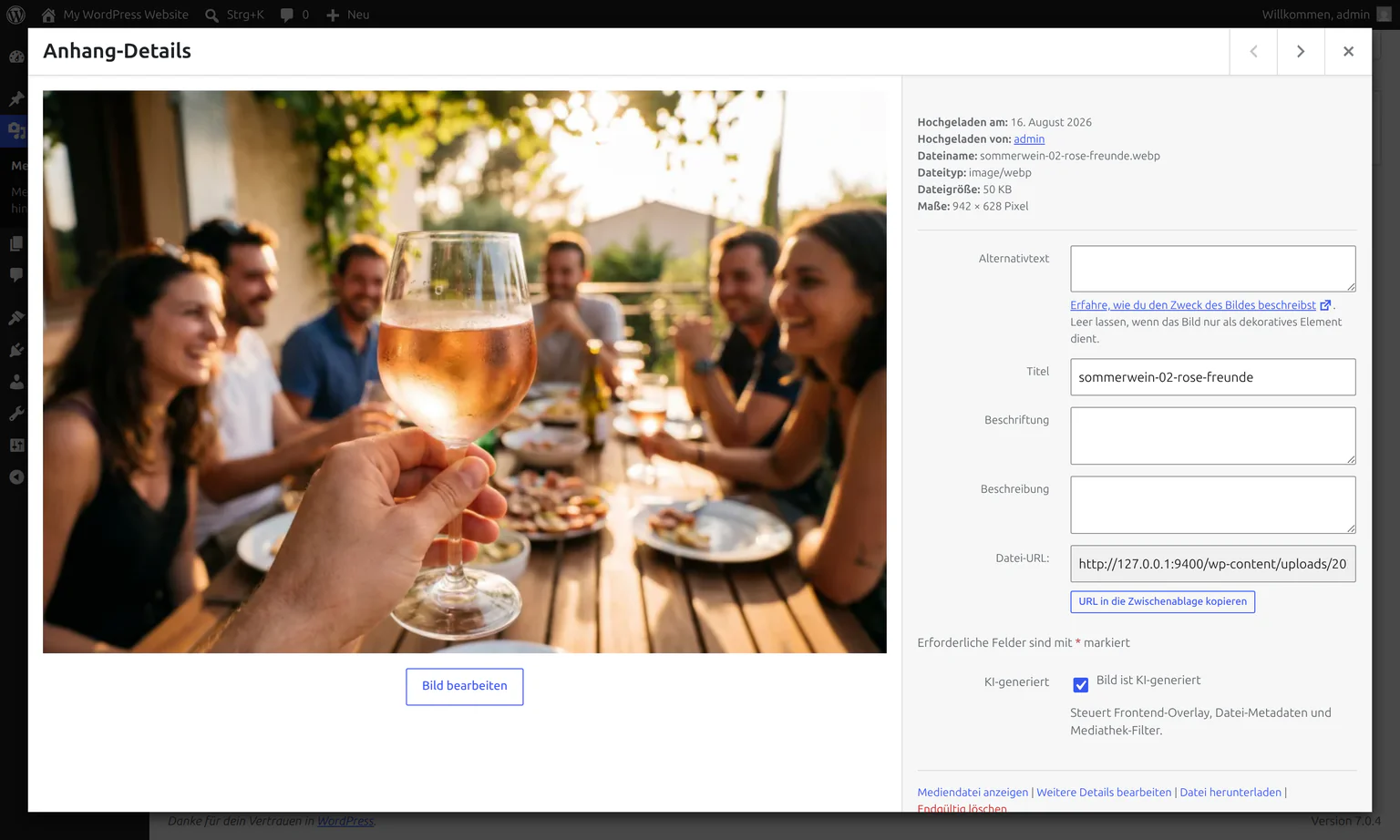 Anhang-Details in der WordPress-Mediathek mit aktivierter Checkbox Bild ist KI-generiert