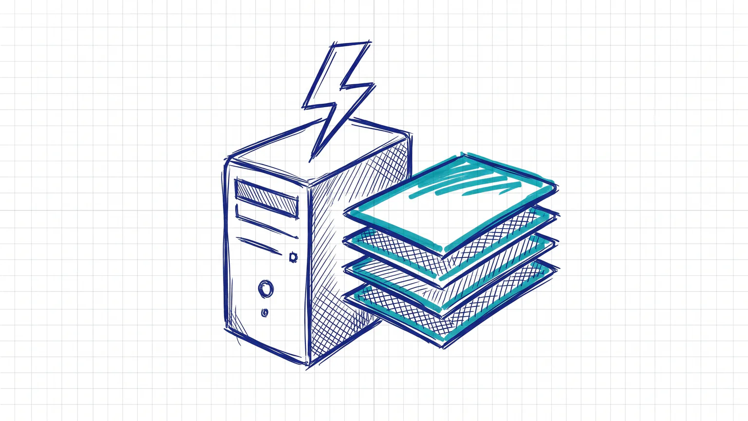 Illustration zum Thema Ladezeit verbessern: Serverturm mit Blitz und vier aufgefächerten Speicher-Ebenen