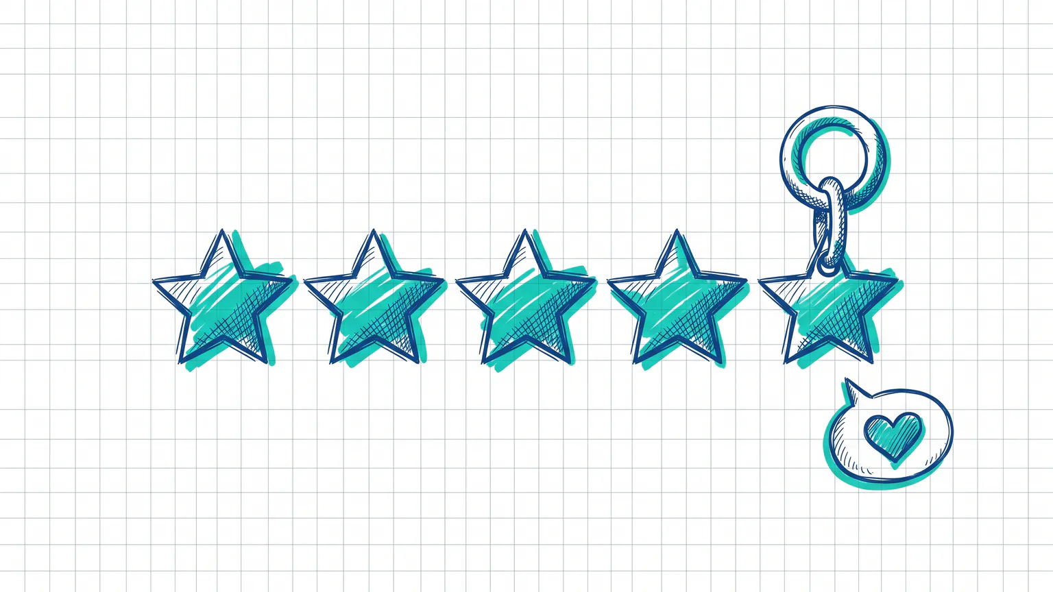 Illustration zum Thema Link für Google Bewertung erstellen: Fünf Sterne, der letzte an einem Kettenglied, mit Herz-Sprechblase
