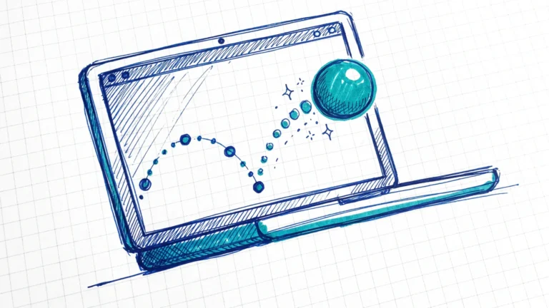 Illustration zum Thema Lottie Animation in WordPress einbinden: Laptop mit springendem Ball und gepunkteter Bewegungslinie