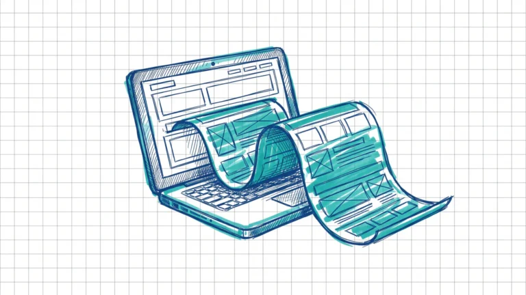 Illustration zum Thema Onepager erstellen: Laptop, aus dessen Bildschirm sich ein langes Wireframe-Band rollt