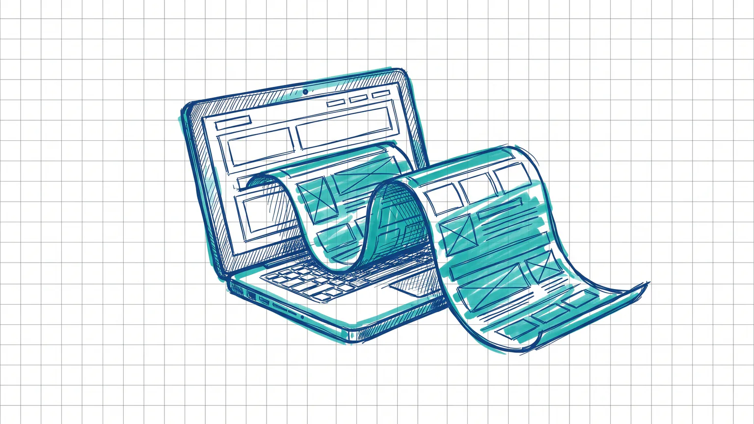 Illustration zum Thema Onepager erstellen: Laptop, aus dessen Bildschirm sich ein langes Wireframe-Band rollt