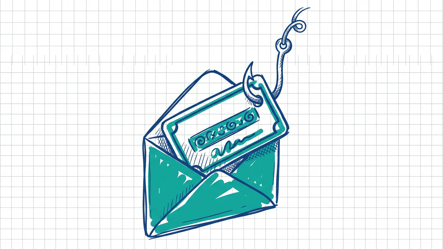 Illustration zum Thema Was ist Phishing? So erkennst du Betrugsmails und schützt dich: Angelhaken zieht Passwortkarte aus geöffnetem Briefumschlag