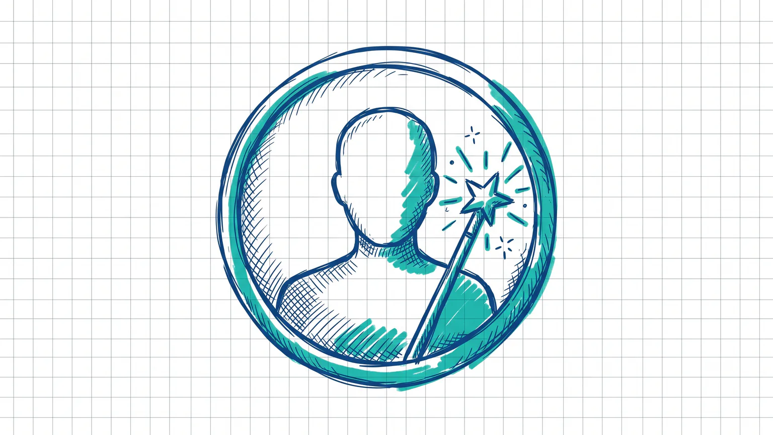 Illustration zum Thema Profilbild erstellen: Runder Avatar-Rahmen mit Personen-Silhouette und Zauberstab
