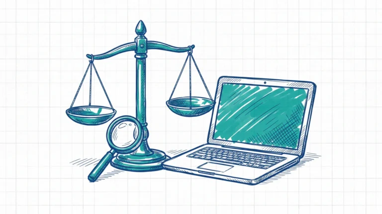 Illustration zum Thema SEO für Anwälte: Justitia-Waage neben Laptop mit Lupe