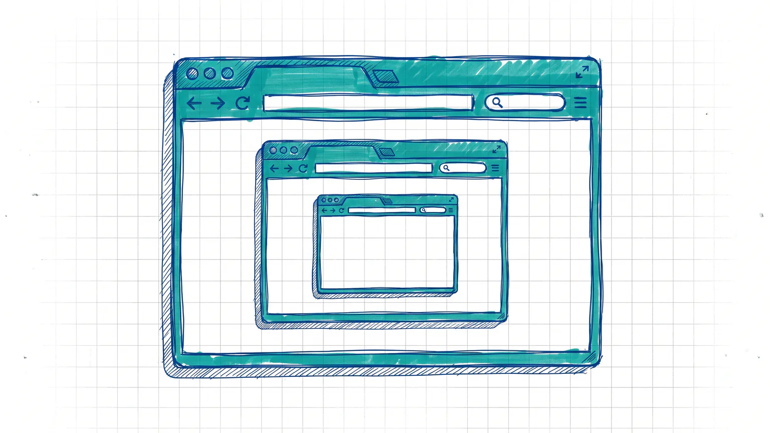 Illustration zum Thema Der Unterschied zwischen Homepage, Webseite und Website: Drei ineinander verschachtelte Browserfenster