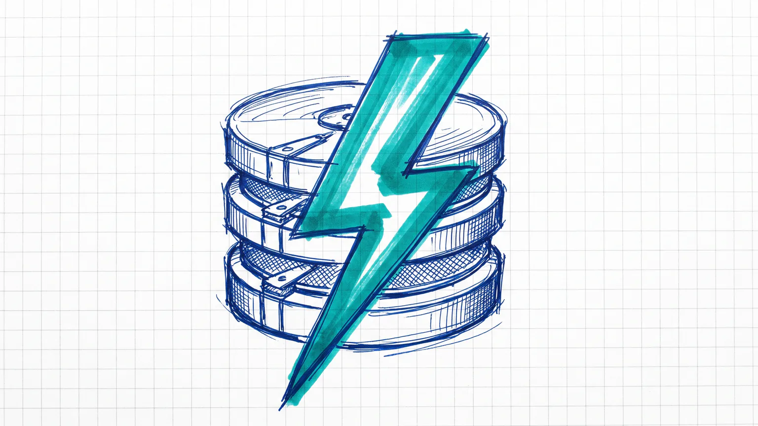 Illustration zum Thema Was ist Caching? So beschleunigt der Zwischenspeicher deine Website: Stapel Datenbank-Scheiben mit Blitz