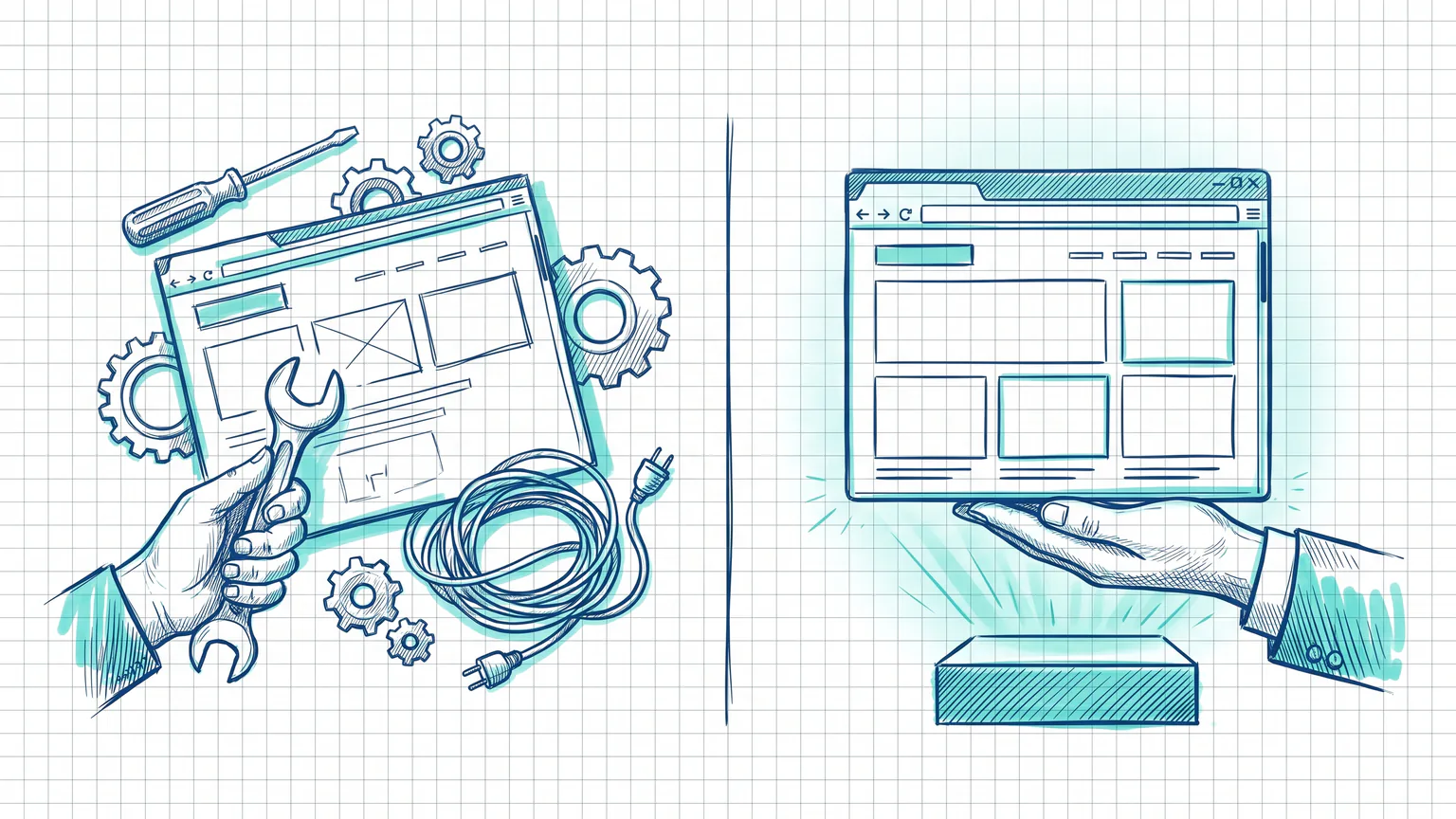 Illustration zum Thema Website erstellen lassen: links baut eine Hand mit Werkzeug an einer halbfertigen Website, rechts übergibt eine Profi-Hand die fertige Website