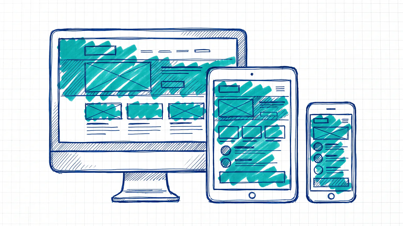 Illustration zum Thema WordPress Breakpoints: Monitor, Tablet und Smartphone mit demselben responsiven Layout