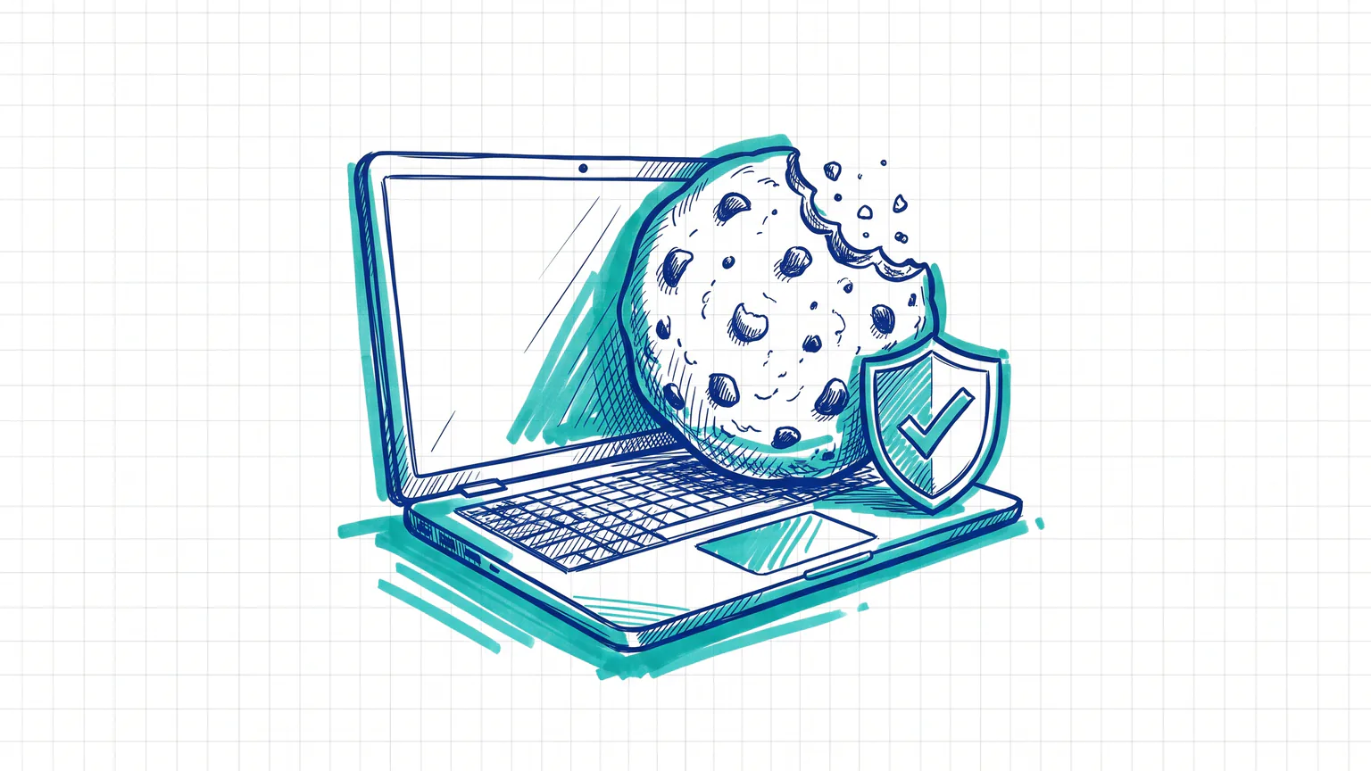 Illustration zum Thema WordPress Cookie Plugin: Laptop mit angebissenem Cookie und Schutzschild mit Häkchen