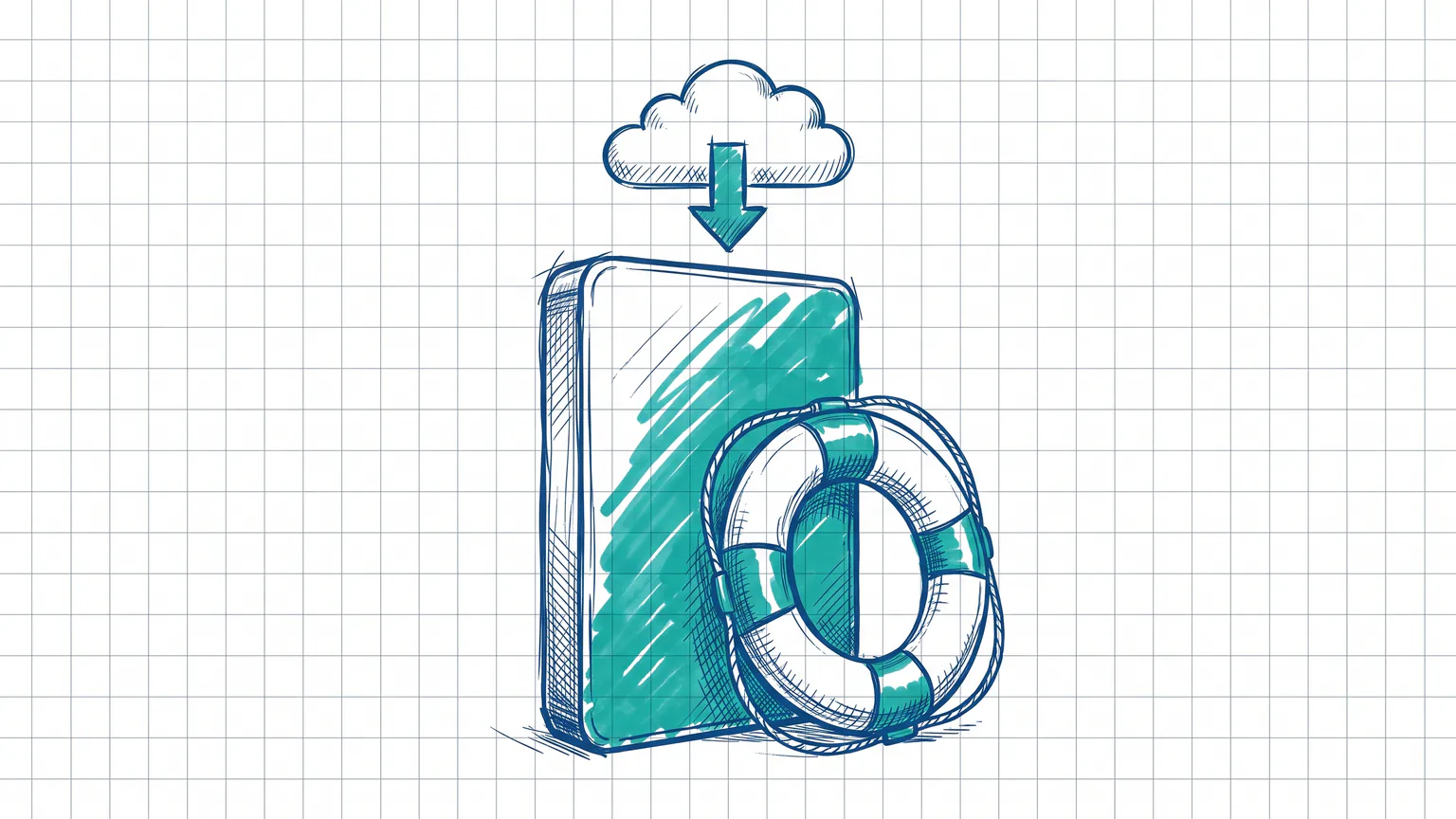 Illustration zum Thema WordPress Datensicherung: Externe Festplatte mit Rettungsring und Wolke mit Download-Pfeil
