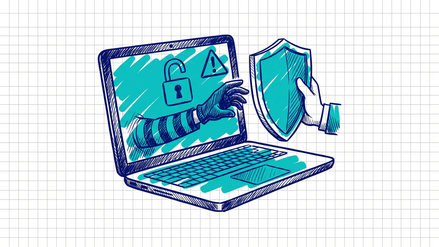 Illustration zum Thema WordPress gehackt: Eine Einbrecherhand greift aus einem Laptop-Bildschirm mit geöffnetem Schloss und Warndreieck, eine Hand mit Schild wehrt sie ab