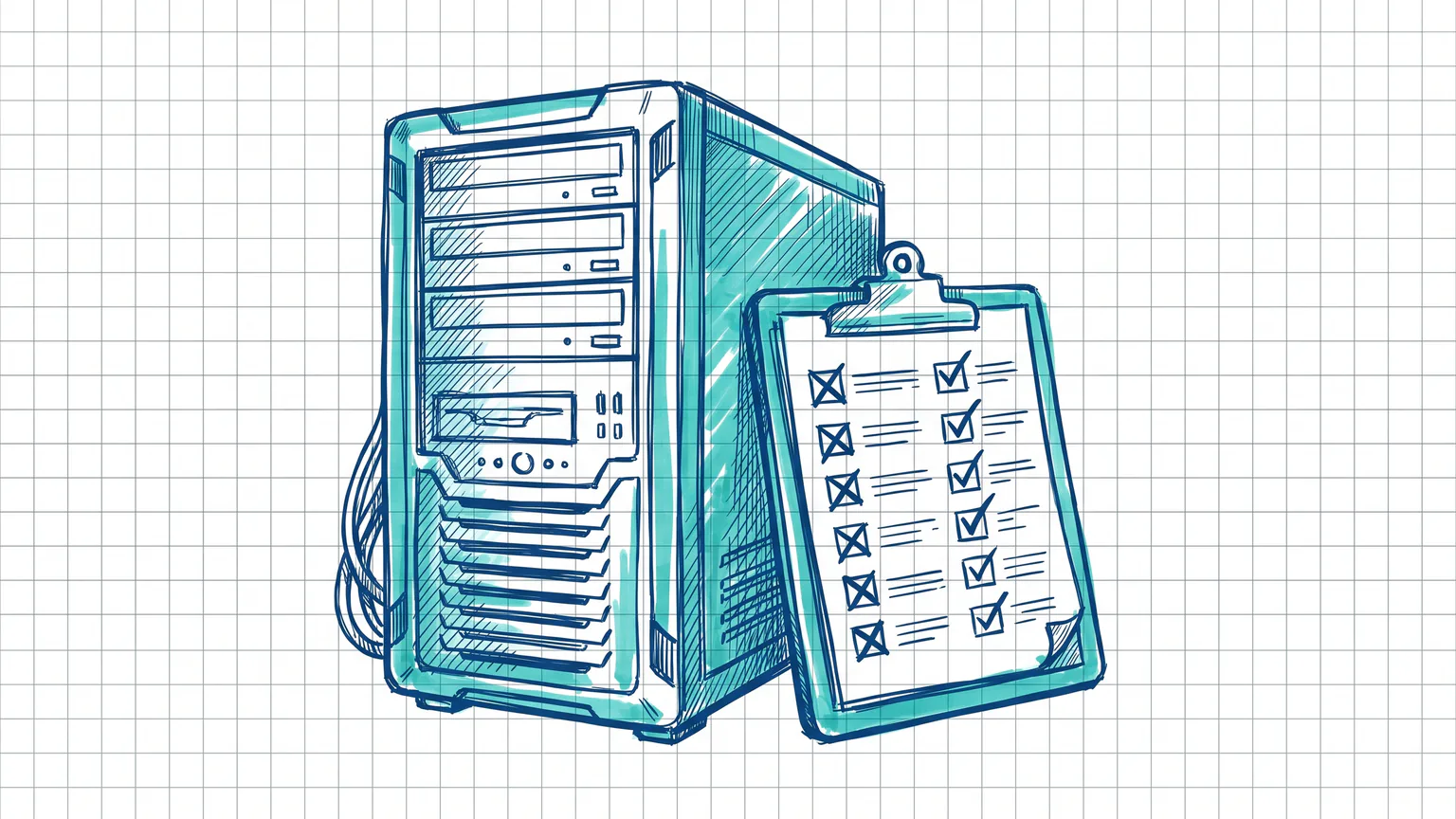 Illustration zum Thema WordPress Hosting: Serverturm neben Checkliste mit Häkchen