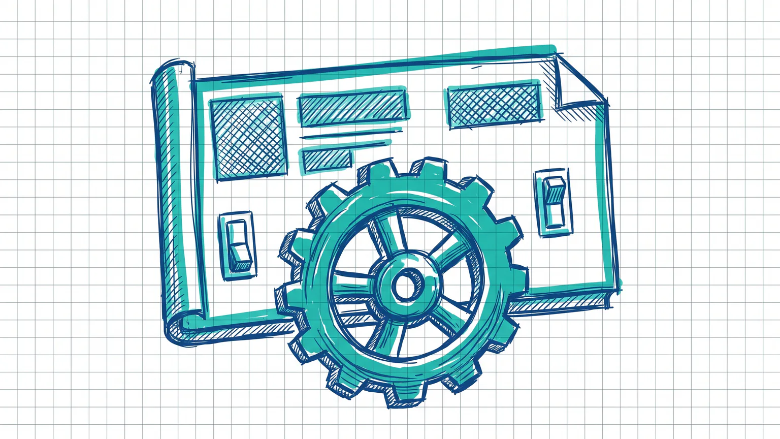 Illustration zum Thema WordPress htaccess: Dokument mit großem Zahnrad und zwei Kippschaltern