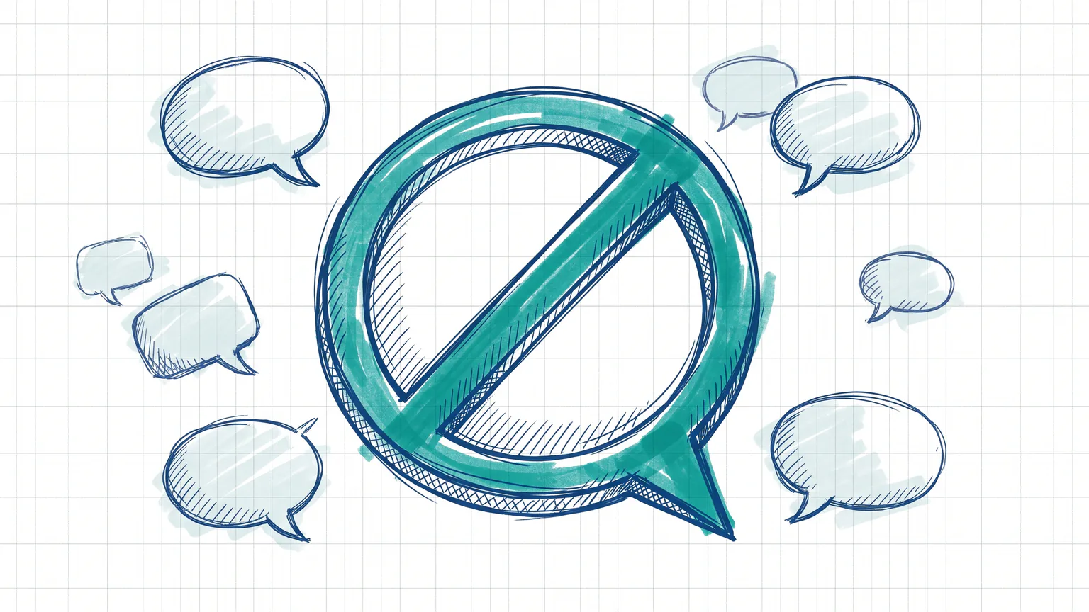Illustration zum Thema WordPress Kommentare deaktivieren: Durchgestrichene Sprechblase umgeben von kleinen Sprechblasen