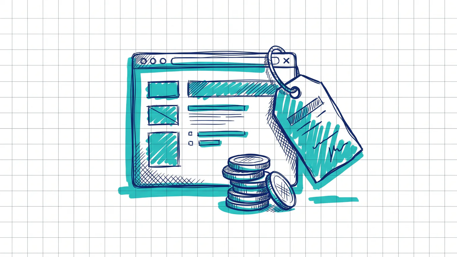 Illustration zum Thema Was kostet eine WordPress-Website 2026? Preise im Überblick: Browserfenster mit Preisschild und Münzstapel