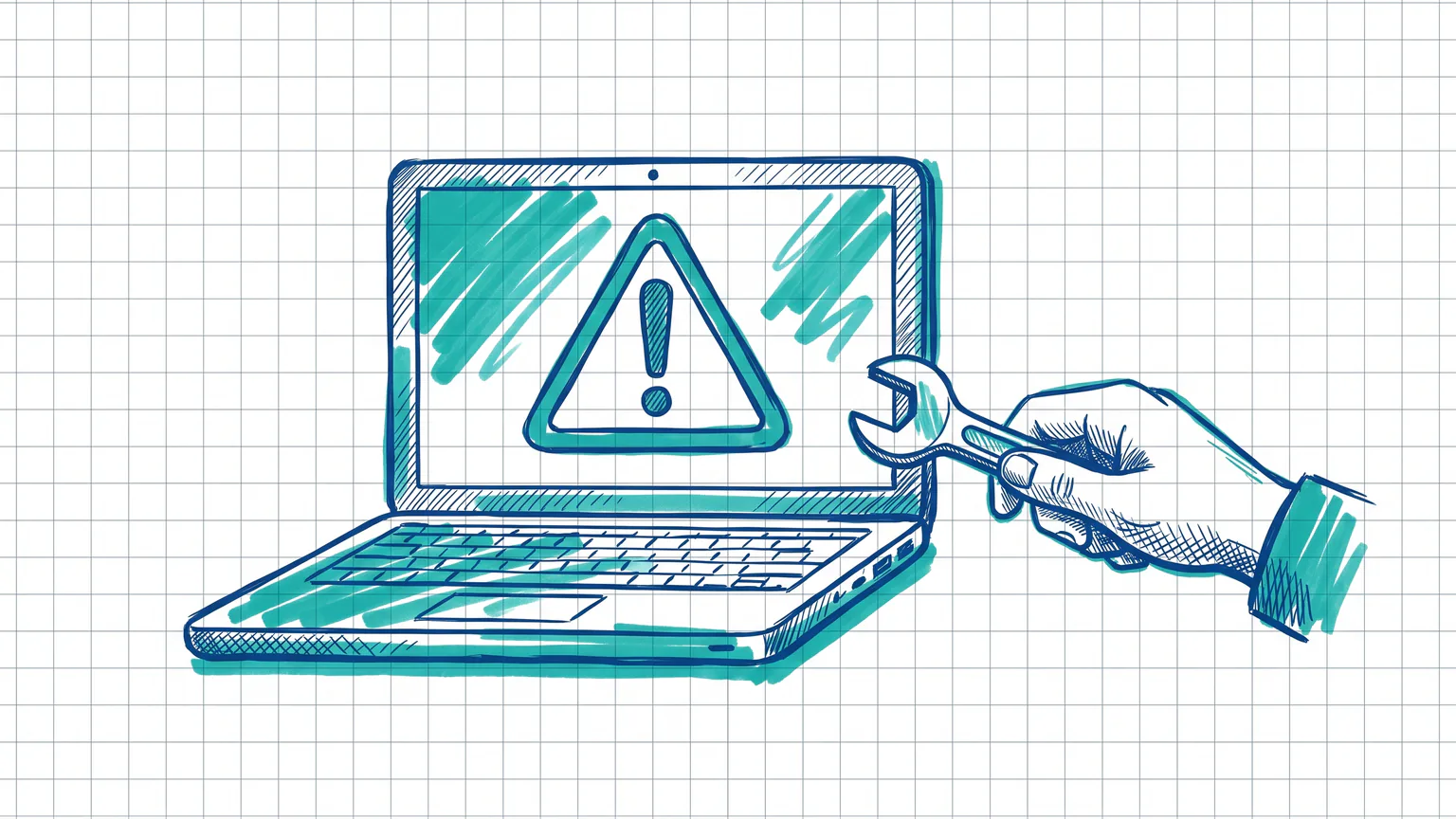 Illustration zum Thema WordPress kritischer Fehler: Laptop mit Warndreieck auf dem Bildschirm, eine Hand repariert ihn mit einem Schraubenschlüssel